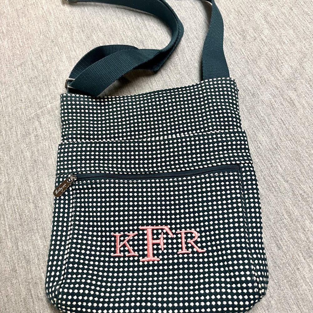 Thirty-One Organizing Shoulder Bag - green with pink initials - K F R